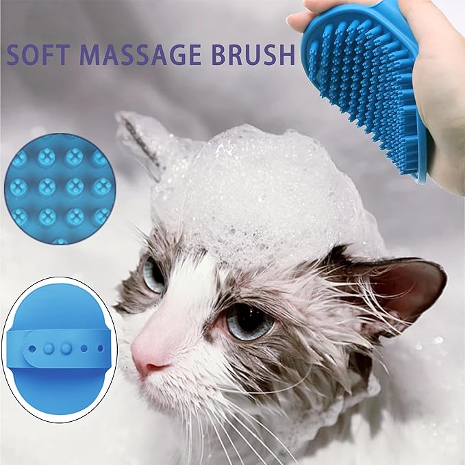 Cat Grooming Brush Kit 6 Tools - Deshedding & Dematting for Long/Short Hair, Self-Cleaning Slicker Brush with 6-in-1 Flea Comb for Cats & Kittens (Blue)-Mewly Pet