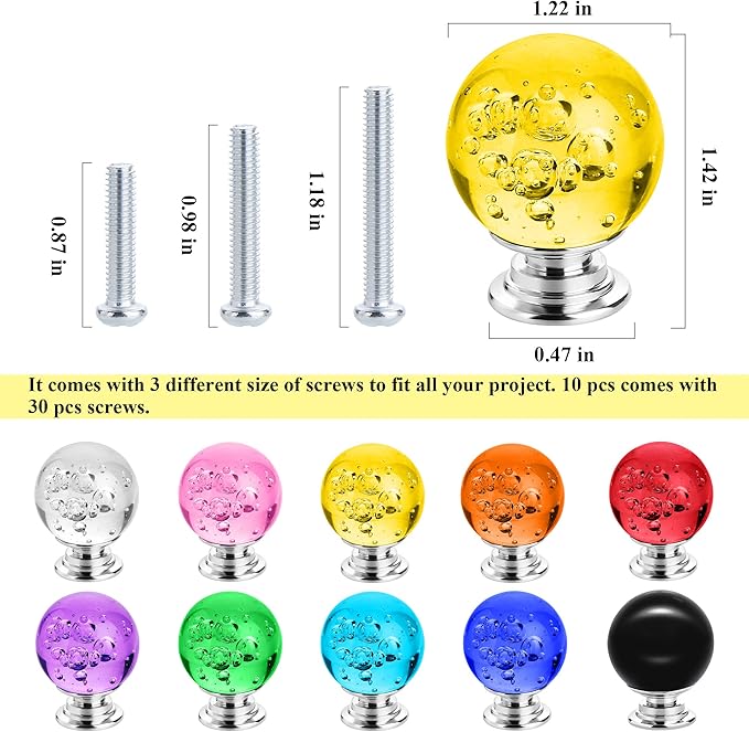 10 PCS Colorful Cabinet Knobs Round Glass Bubbles Knobs 30mm Smooth Drawer Pulls Handle for Home, Cabinet, Drawer and Dresser with 3 Different Size Screws