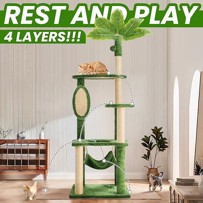 55 Inch Large Cat Tree Tower for Indoor Cats with Hammock Green Leaves Sisal Scratching Post, Plush Hang Ball Play Furniture for Kittens & Adult Cats,New Green-Mewly Pet