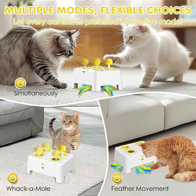 Cat Toys, 2 in1 Automatic Interactive Cat Toys for Indoor Cats, 4 Holes Mice Whack a Mole Cat Mouse Toy with Moving Feather, Rechargeable USB Power Kitten Feather Toys for All Breeds (Yellow)-Mewly Pet