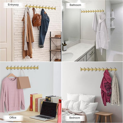 Brushed Gold Wall Mounted Coat Rack – 30 Inch Stainless Steel Rail with 10 Double Coat Hooks for Entryway, Bathroom, Bedroom, Kitchen – Modern Gold Hook Rack for Coats, Hats, Towels
