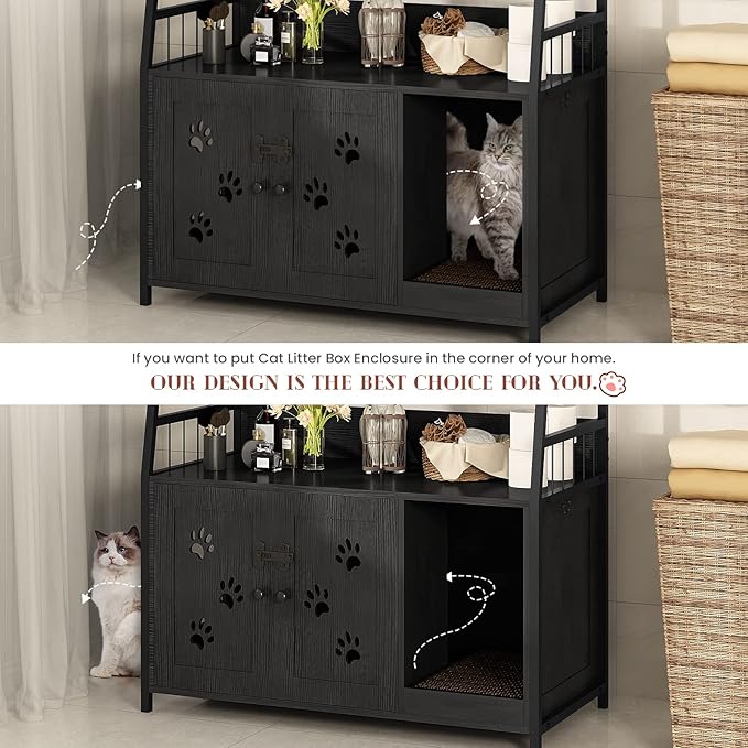 Recaceik Large Cat Litter Box Enclosure with Shelf Storage, Hidden Cat Washroom Furniture, Wooden Cat House with Scratch Pad, Sturdy Indoor Cat Cabinet with 2 Doors, Black-Mewly Pet