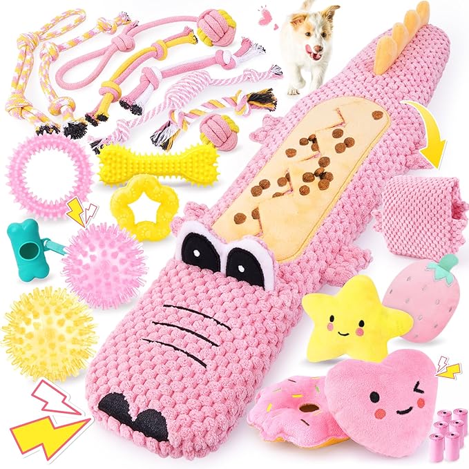 KIPRITII 25-Pack Pink Dreamy Dog Toy Set for Small Female Puppies - Includes Sweet Rope Toys, Chew Toys, Cute No-Stuffing Squeaky Dog Toy for Boredom and Teething-Mewly Pet
