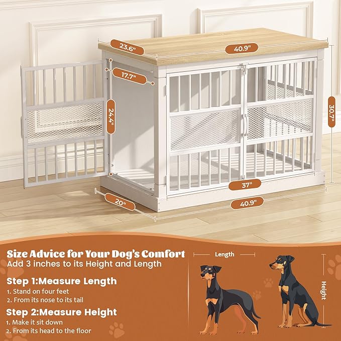 VOPEAK 40" Dog Crate Furniture, Chew Resistant Large Dog Crate for Medium Large Dogs, Heavy Duty Dog Crates Dog Kennel Cage Indoor with Double Doors, Wooden End Table for Bedroom Living Room-Mewly Pet