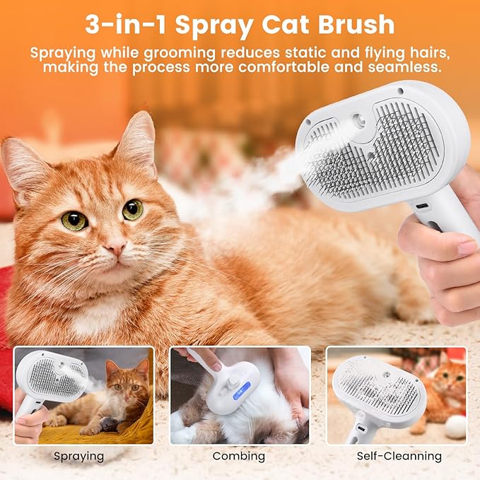 3 in 1 Cat Steam Brush, Pet Steam Brush for Cat Dog Long Short Haired, Pet Spray Hair Removal Comb for Small Animals Shedding & Grooming, Water Mist Spray Brushes with Release Button(White)-Mewly Pet