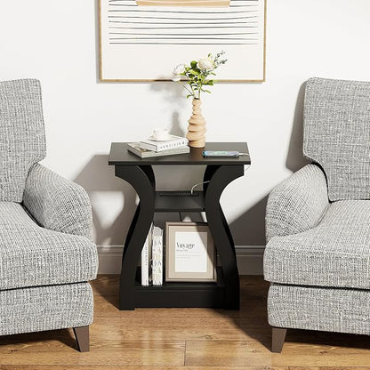 End Table with Charging Station, Side Table with USB Ports and Outlets, Nightstand, 3 Tier End Table with Storage Shelf for Living Room, Bedroom (Black)