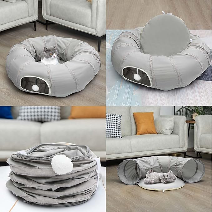 AUOON Cat Play Tunnel - Round Cat Tunnel with Bed | Interactive Cat Toys for Indoor Cats Kitten Kitty Puppy Rabbit Ferret (Light Grey)-Mewly Pet