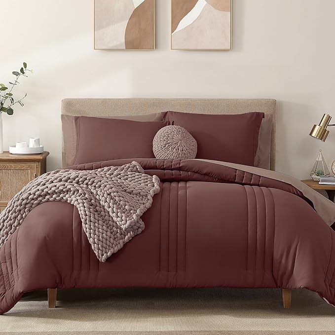 Monbix Full Comforter Set - 7 Pieces Dark Red Bed in a Bag Full Size Bedding Sets with Comforters, All Seasons Down Alternative Comforter with Sheets,Pillowcases & Shams