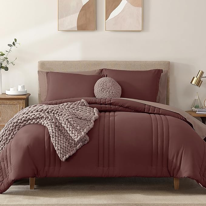 Monbix King Size Comforter Set - 7 Pieces Bed in a Bag King, Dark Red Bedding Sets with Comforter, All Seasons Down Alternative Comforter Bed Set with Sheets, Pillowcases & Shams