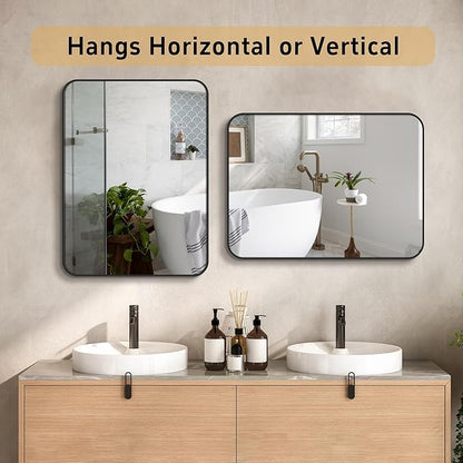 24"x36" Brushed Matte Black Metal Framed Rounded Rectangle Mirror, Wall Mounted Mirrors for Bathroom Entryway Vanity Living Room Bedroom, Vertical or Horizontal