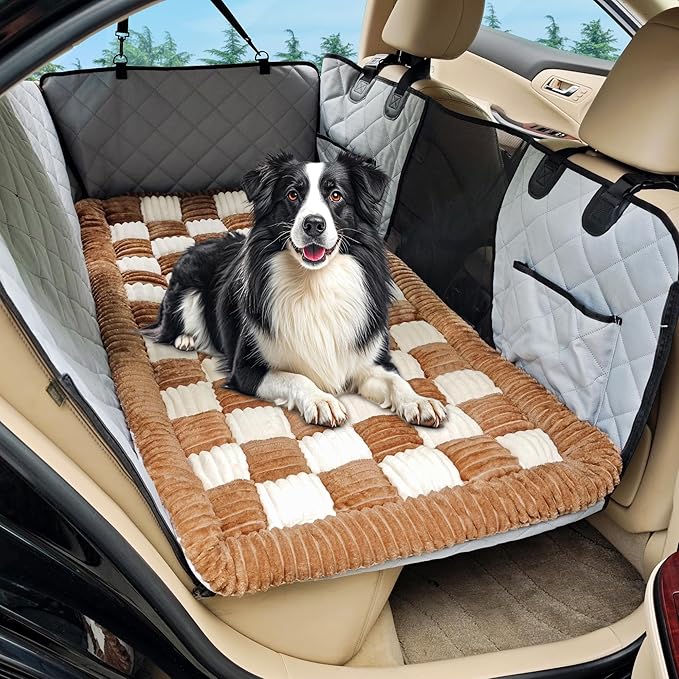 Dog Car Bed Mat, Non-Slip Backseat Extender Pet Blanket, Plaid Dog Bed for Trucks, Sedans & Large SUVs, Chew-Resistant Travel Pad for Dogs, Easy Clean & Scratch-Proof & Comfort (56"x28.7")-Mewly Pet