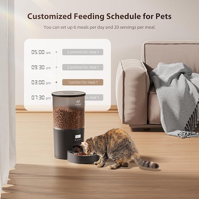 Automatic Cat Feeders, 5L Large Capacity, Timed Feeding Dry Food, Dual Power Design, Programmable Portion Size, 1-6 Meals Per Day, with Desiccant, Suitable for Small Pets Food Dispenser, Black-Mewly Pet