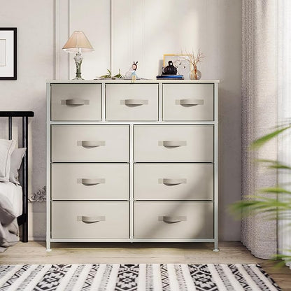 YITAHOME Dresser with 9 Drawers - Fabric Storage Tower, Organizer Unit for Living Room, Hallway, Closets - Sturdy Steel Frame, Wooden Top & Easy Pull Fabric Bins (Cream White)