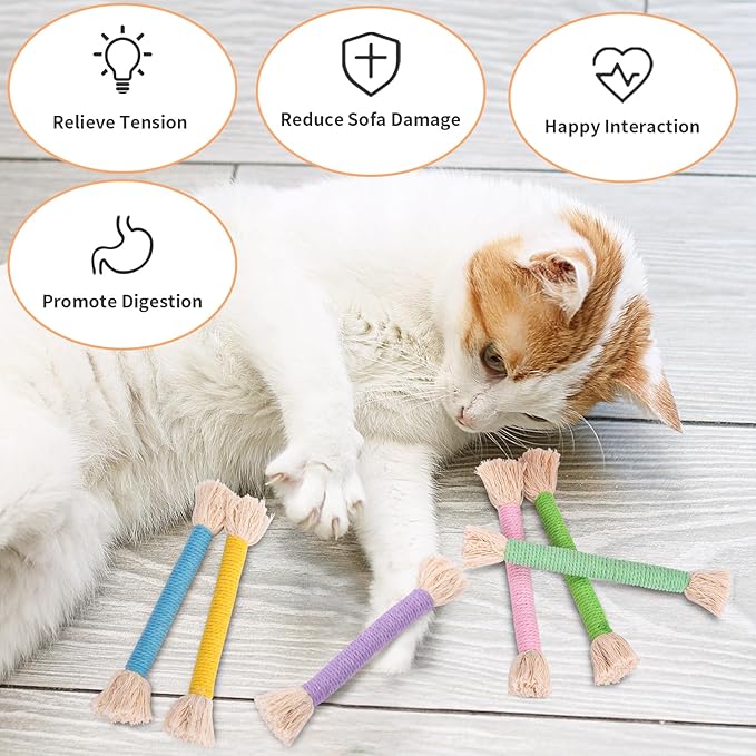 Retro Shaw Kitten Toys Catnip Ropes Cat Chew Toys, 6 Pack, Kitten Teething Toys for Indoor Cats Kitty, Safe Kitty Kicker Sticks Dental Toy-Mewly Pet