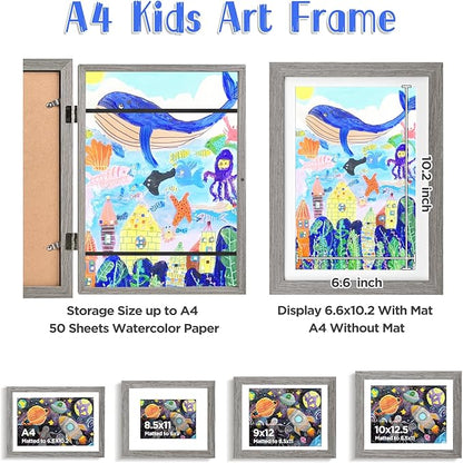 KINLINK A4 Kids Art Frames Set of 2, Solid Wood Kids Artwork Frames Changeable with Acrylic Front Opening Holds 150 Pictures 8.3x11.7, Art Frame for Kids Artwork with Mat or without Mat, Grey