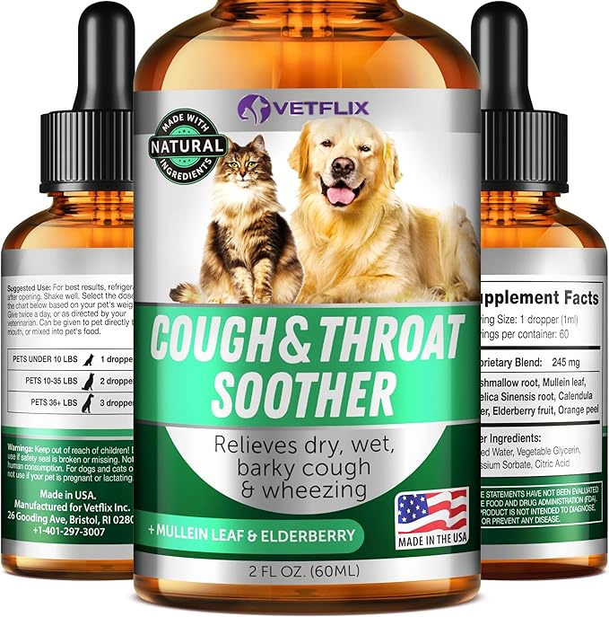 Kennel Cough Treatment for Dogs & Cats - Made in USA - Dog Allergy & Cat Asthma Relief - Mullen Leaf & Elderberry Blend - Dry, Wet & Barky Cough Relief for Dogs & Cats - All Breeds & Sizes - 2 Fl Oz-Mewly Pet