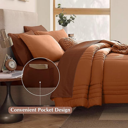 Monbix Full Comforter Set - 7 Pieces Burnt Orange Bed in a Bag Full Size Bedding Sets with Comforters, All Seasons Down Alternative Comforter with Sheets,Pillowcases & Shams