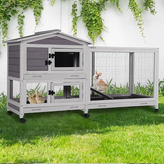 GUTINNEEN Rabbit Hutch Indoor with Chew-Proof Ramp, 62" L Wooden Rabbit Cage with 6 Casters, Bunny Cage with 2 Trays and 2 Story for Small to Medium Animals (Gray)-Mewly Pet