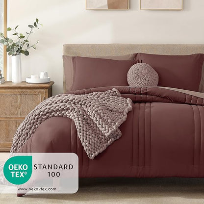 Monbix Full Comforter Set - 7 Pieces Dark Red Bed in a Bag Full Size Bedding Sets with Comforters, All Seasons Down Alternative Comforter with Sheets,Pillowcases & Shams