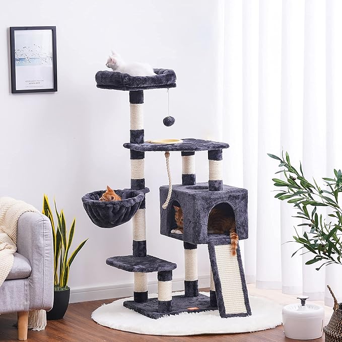 Heybly Cat Tree, Cat Tower for Indoor Cats with Scratching Board, Multi-Level Cat Furniture Condo with Feeding Bowl, Smoky Gray HCT010G-Mewly Pet