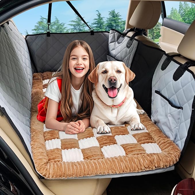 Dog Car Bed Mat, Non-Slip Backseat Extender Pet Blanket, Plaid Dog Bed for SUVs, Sedans & Trucks, Chew-Resistant Travel Pad for Dogs, Easy Clean & Scratch-Proof & Comfort (50"x24.6")-Mewly Pet