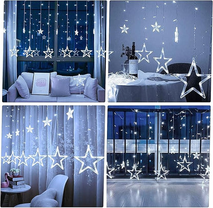 Star Curtain Lights for Bedroom - Plug-in 9ft 138 LED Fairy Twinkle Lights with 12 Star Drops, Connectable Window Lights with Remote 8 Lighting Modes for Indoor Xmas Ramadan Decoration, White