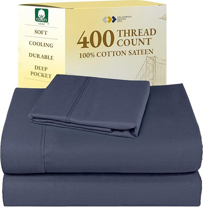 California Design Den Natural 100% Cotton Sheets, Twin Sheets Set, 400 Thread Count Sateen Bedding for Dorm Rooms & Adults, Deep Pockets with All Around Elastic, Cool & Durable - Indigo Dusty Blue