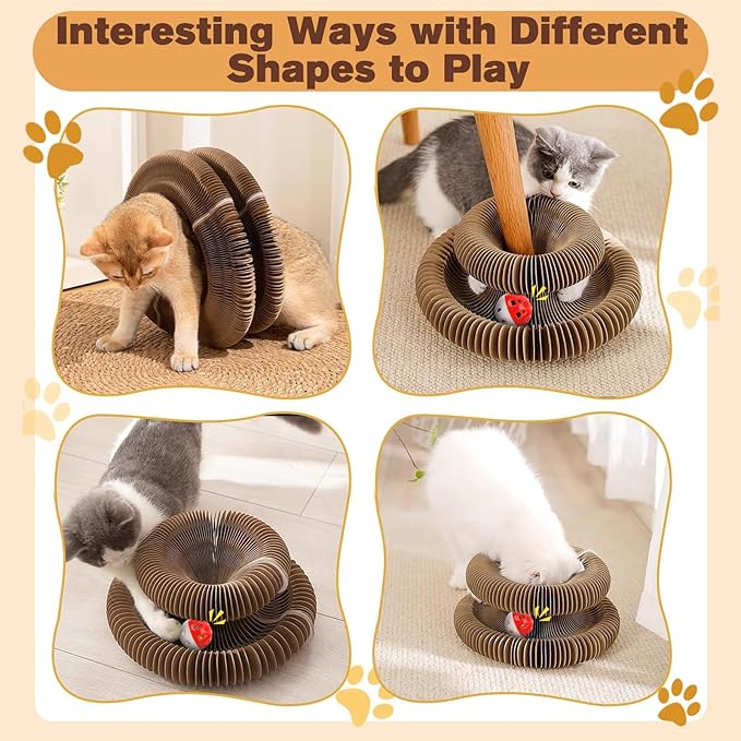 Magic Organ Cat Scratcher Board with 3 Balls, Foldable Recyclable Accordion Cats Toy with Ball and Track Adventure, Cat Scratching Pad, Retractable Reversible Furniture Protector(Brown)-Mewly Pet