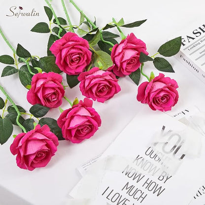 Serwalin 20pcs Artificial Roses, 4'' Big Flower Head, Hot Pink Roses Velvet Real Touch, Silk Fake Roses Long Stem Realistic Bouquet for Wedding Table Centerpiece and Home Decor