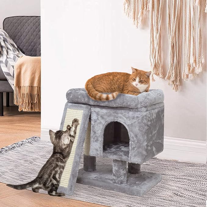 SYANDLVY Small Cat Tree for Indoor Cats, Cat Tower with Scratching Post, Modern Activity House for Large Cats, Condo with Board, Kittens Cave (Light Grey)-Mewly Pet