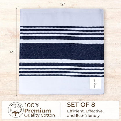 Urban Villa Dish Cloth 100% Cotton Pack of 8, Highly Absorbent Quick Drying Soft Premium Dish Towels for Kitchen with Hanging Loop Hand & Tea Towels - 12x12 Inch, (Indigo Blue & White, Striped)