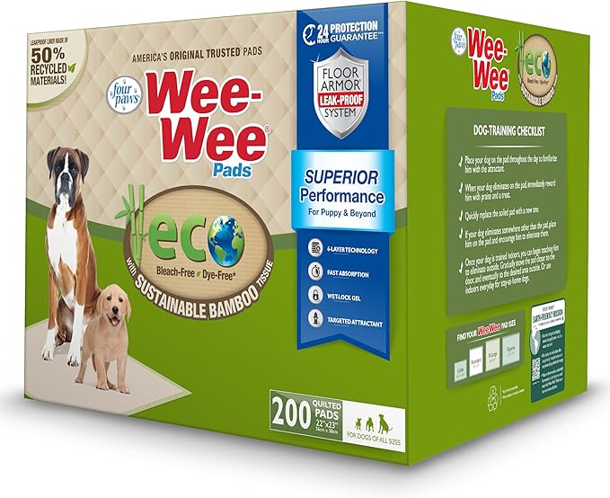 Four Paws Wee-Wee Superior Performance Bamboo Pee Pads for Dogs, Earth Friendly Dog & Puppy Potty Training Pads, Crate Liners, Housebreaking Supplies, 22" x 23" (200 Count)-Mewly Pet