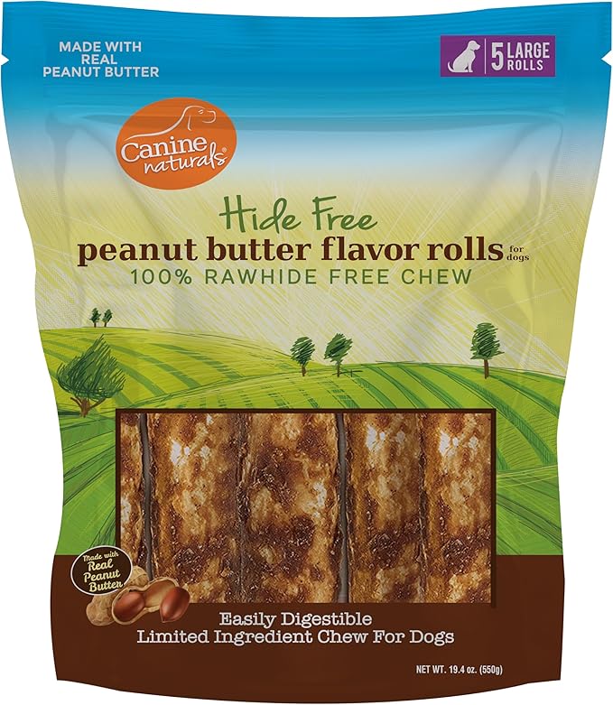 Canine Naturals Peanut Butter Chew - 100% Rawhide Free Dog Treats - Made with Real Peanut Butter - All-Natural and Easily Digestible - 5 Pack of 7 Inch Large Rolls for Dogs 50-75lb-Mewly Pet