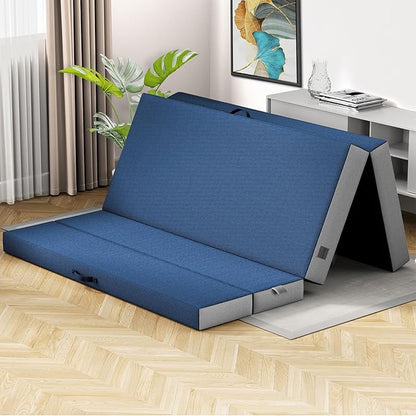 Cozzzi Folding Mattress Full Size for Floor and Traveling with Removable Cover - Lightweight and Portable Folding Mattress for Adults & Kids - Compact and Easy to Storage - Navy (75in x 54in x 4in)