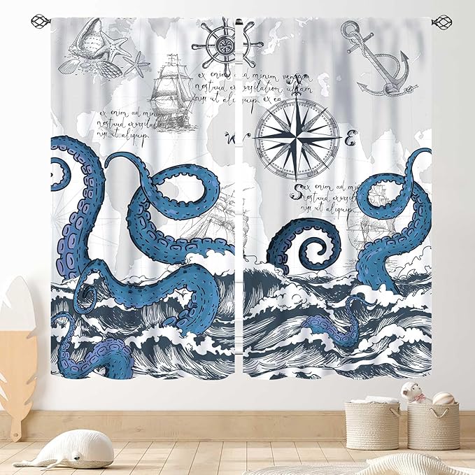 Nautical Curtains, Coastal Old Pirate Map Sailboat Compass Anchor Vintage Ocean Kraken Octopus Tentacles Blue Marine Window Drapery Treatment for Bedroom Living Room Kitchen Bathroom, 84"x63" Inch