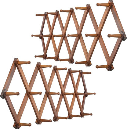 WEBI Accordion Wall Hanger,Expandable Wooden Coat Rack,Accordion Hat Rack for Wall for Hats,Caps,16 Peg Hooks,Brown,2 Packs