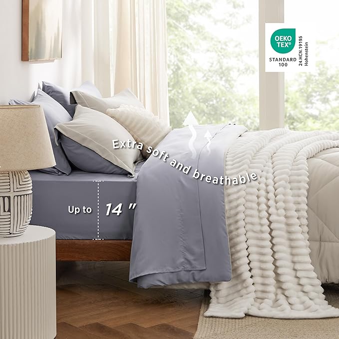 Bedsure Queen Comforter Set - 7 Pieces Reversible Beige Bedding, Queen Size Bed Set for All Seasons, Bed in a Bag with Down Alternative Comforter, Sheets, Pillowcases & Shams