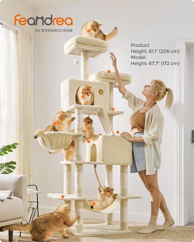 Feandrea Cat Tree, 81.1-Inch Large Cat Tower with 13 Scratching Posts, 2 Perches, 2 Caves, Basket, Hammock, Pompoms, Multi-Level Plush Cat Condo for Indoor Cats, Beige UPCT190M01-Mewly Pet