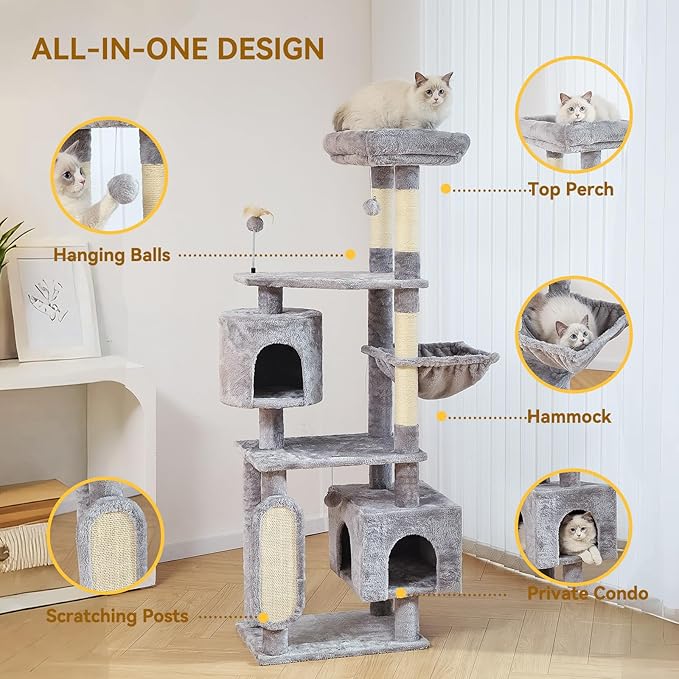 Hoopet 70-Inch Large Cat Tree for Multiple Cats Cat Tower with 2 Condos, Scratching Posts, Hammock & Platform, Plush Perch for Indoor Activity Relaxing Easy Assembly Grey-Mewly Pet