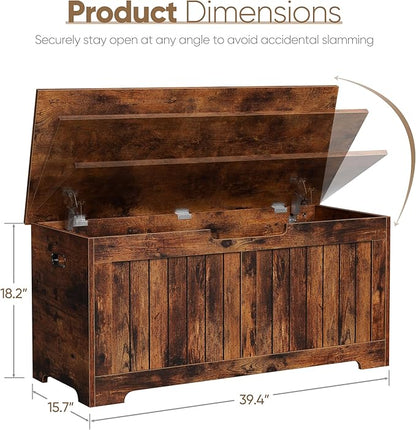 Wooden Storage Chest Box with Flip-top Lid & Safety Hinge, 39.4 Inch Living Room Organizer, Bedroom Bench, Rustic Brown