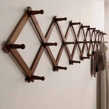 SKOLOO Accordion Wall Hanger with 28 Hooks, Modern Expandable Coat Rack Hat Rack for Wall, Solid Wooden, Walnut Color