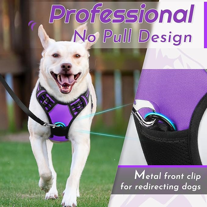 Eagloo Dog Harness for Large Dogs, No Pull Service Vest with Reflective Strips and Control Handle, Adjustable and Comfortable for Easy Walking, No Choke Pet Harness with 2 Metal Rings, Purple, L-Mewly Pet