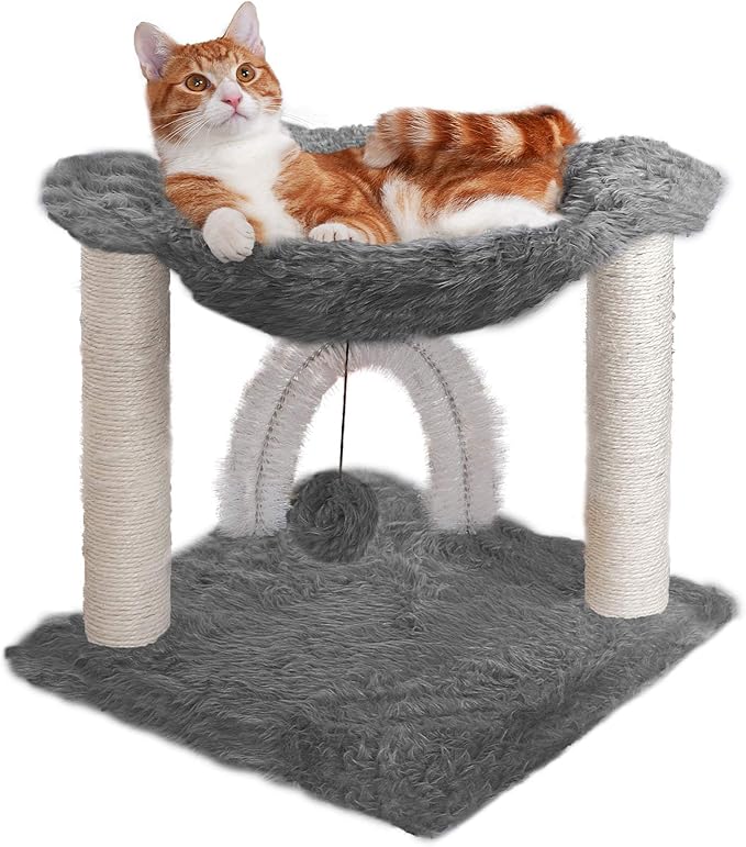 Furhaven 15.75" Tall Playground for Indoor Cats, Ft. Sisal Scratching Posts, Self-Grooming Brush, & Toy - Tiger Tough Hammock Interactive Playground - Silver, One Size-Mewly Pet