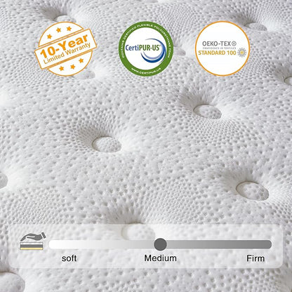 Full Size Mattress, 12 Inch Hybrid Mattress in a Box, Memory Foam and Individual Pocket Springs, Fiberglass Free, Soft and Breathable, Medium Firm Feel