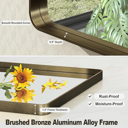 48x30 Bronze Framed Bathroom Mirror, Rectangle Brushed Bronze Metal Vanity Mirror, Bronze Modern Mirror for Wall, Tempered Glass, Anti-Rust, Shatterproof (Horizontal/Vertical)