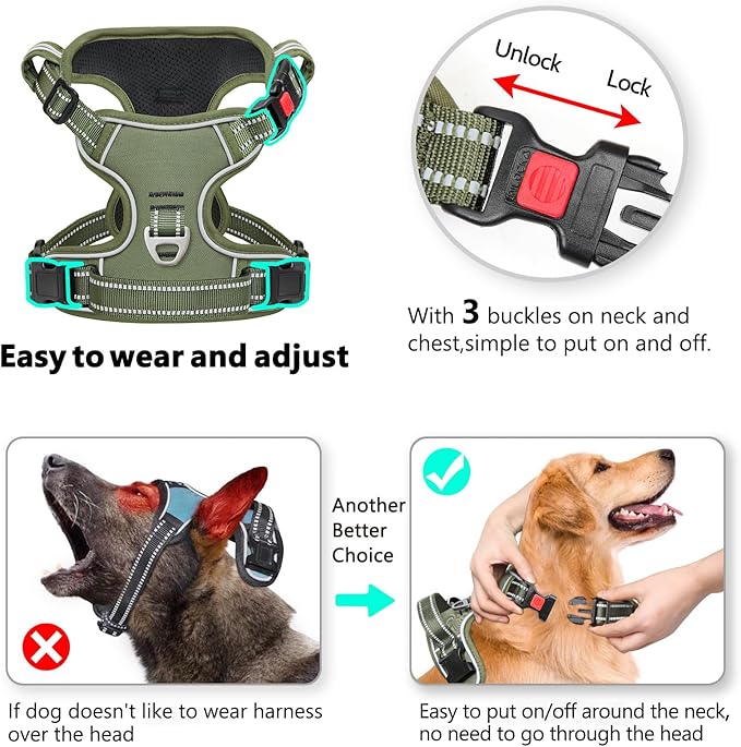 Timos Dog Harness Medium Sized, No Pull Pet Harness with Neck Lockable Snap,No Choke Front Clip Dog Reflective Vest,Adjustable Metal Rings 3 Buckles,Easy Control Handle for Medium Dogs Green M-Mewly Pet