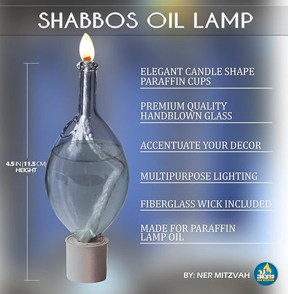 Glass Paraffin Shabbat Candle Holder Cup and Wick – Tear Drop Shape, 2 Pack – Pretty and Elegant Design – Fits Standard Candlesticks - for Paraffin Lamp Oil - No Mess Refill - Ner Mitzvah