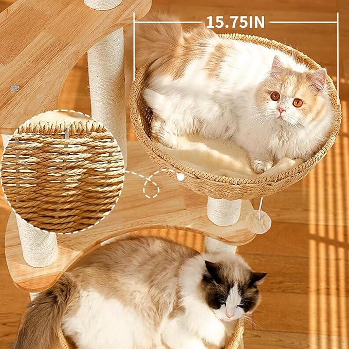 54" Modern Cat Tree Tower for Indoor Cats, Oak Cat Scratching Tree for Multiple Large Cats, Manual Hand Woven Luxury Cat Condo, Unique High-end Design Cat Furniture Activity Centre, Easy Clean-Mewly Pet