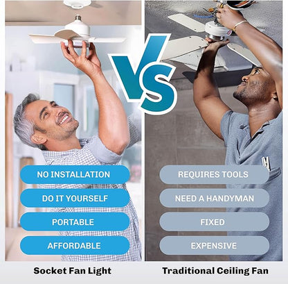 Bell+Howell Socket Breeze Socket Fan Light with Remote, Portable Small Ceiling Fans with Lights for Bedroom, Kitchen, Living Room, Ceiling Fan with Light 3500K, 1000 Lumens, Screws into E26/E27
