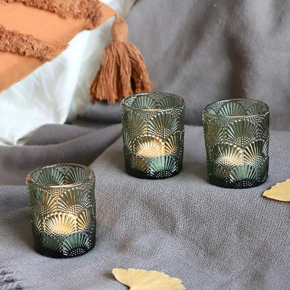 Woho Green Votive Candle Holders Set of 12, Green Glass Tealight Candle Holder for Wedding Party Table Centerpiece, Tea Lights Candle Holder Vintage for Fall Thanksgiving Christmas Decor